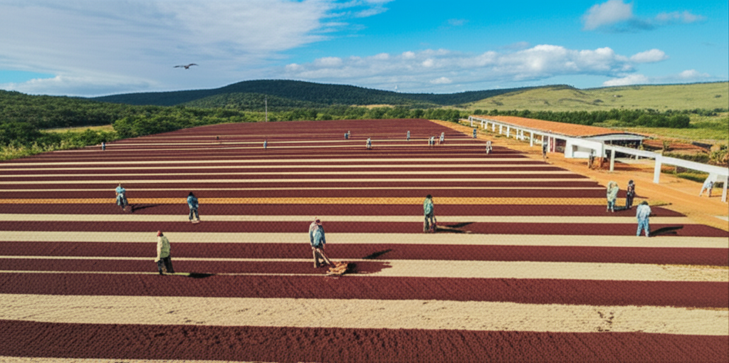 Coffee beans drying on patios in Chapada de Minas