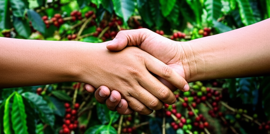 A handshake symbolizing the partnership between Minas Trading Co. and a coffee producer.