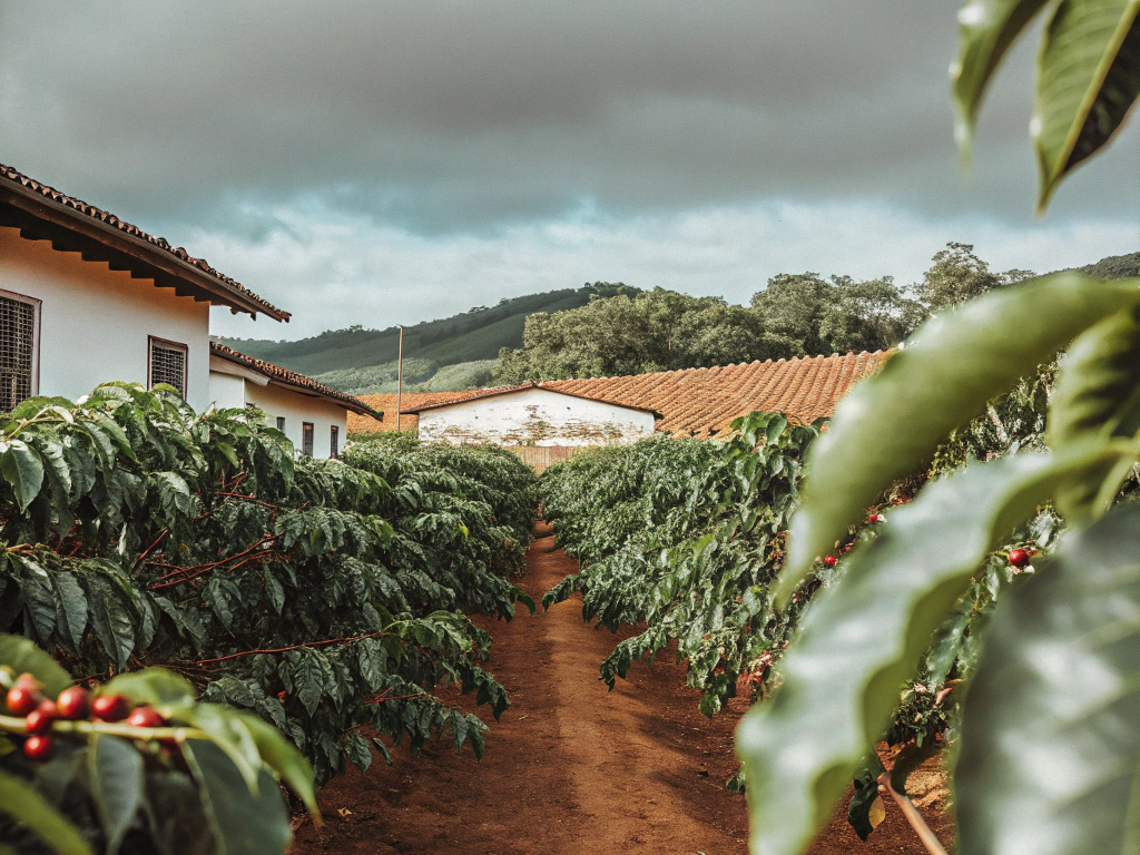 View down a row of coffee plants on a farm, with farm buildings and hills in the background, showcasing farm-level initiatives.