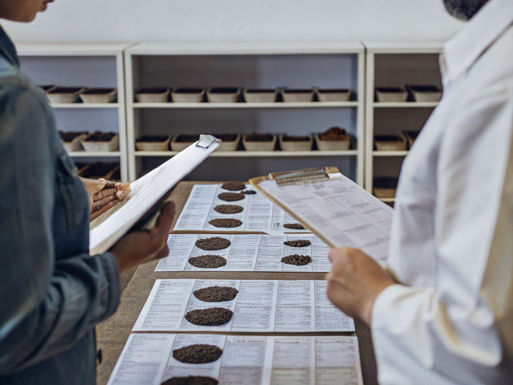 Two inspectors with clipboards evaluating multiple coffee bean samples laid out on a table, ensuring final lot approval and consistency.