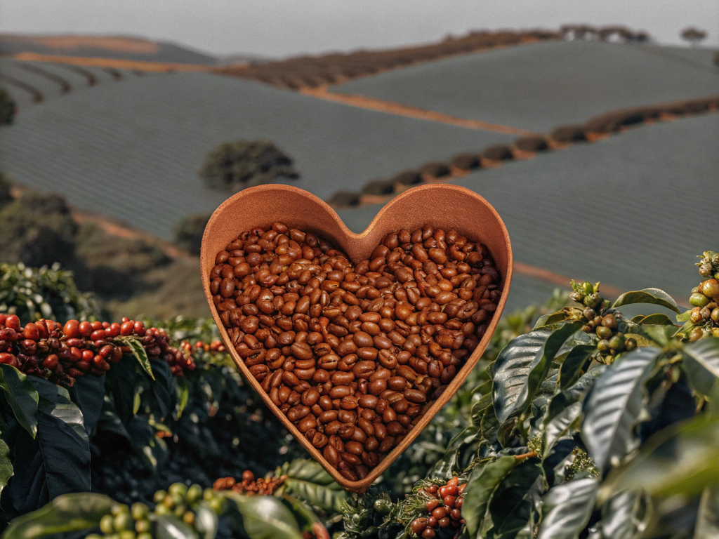 A heart-shaped bowl of coffee beans held up in front of a Brazilian coffee plantation