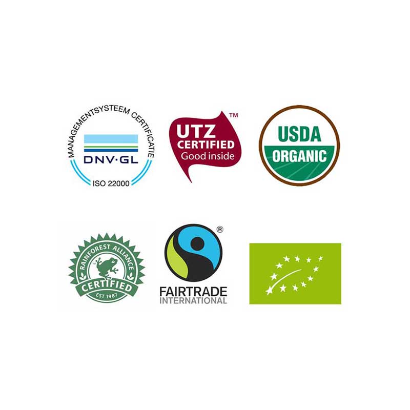 Collage of various coffee certification logos including USDA Organic, Fairtrade, and Rainforest Alliance.
