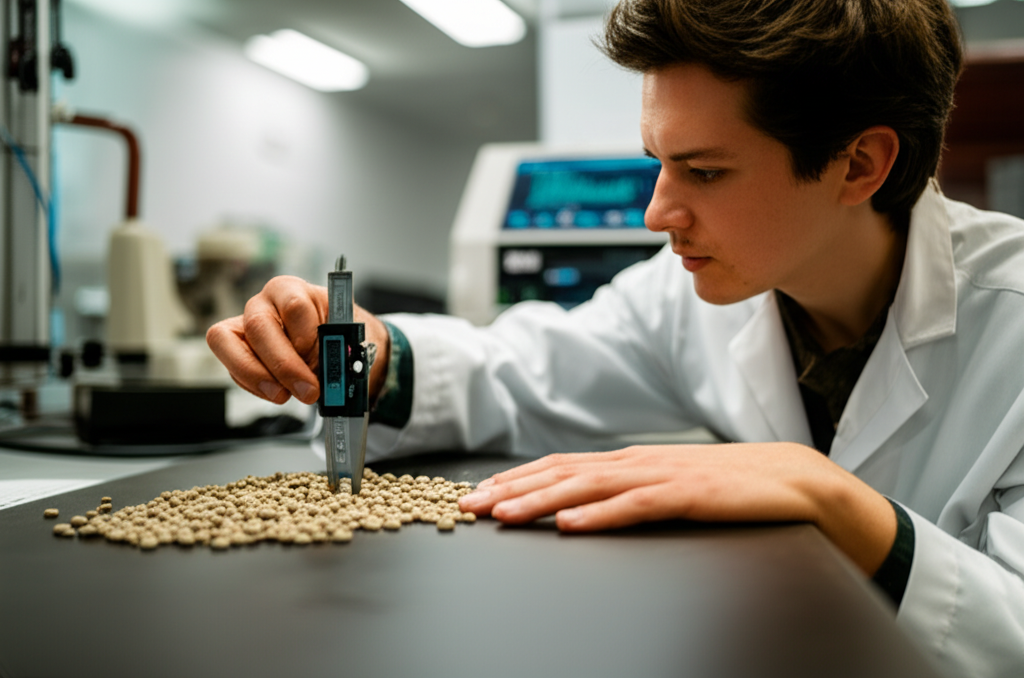 Technician analyzing green coffee beans with precision equipment in a quality control lab.