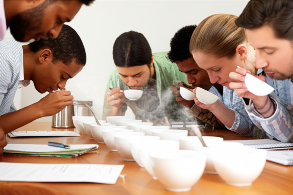 Q Graders professionally cupping coffee, smelling aroma from cups.