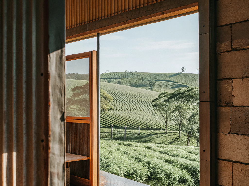 View from a rustic building onto rolling green coffee hills in Campo das Vertentes.