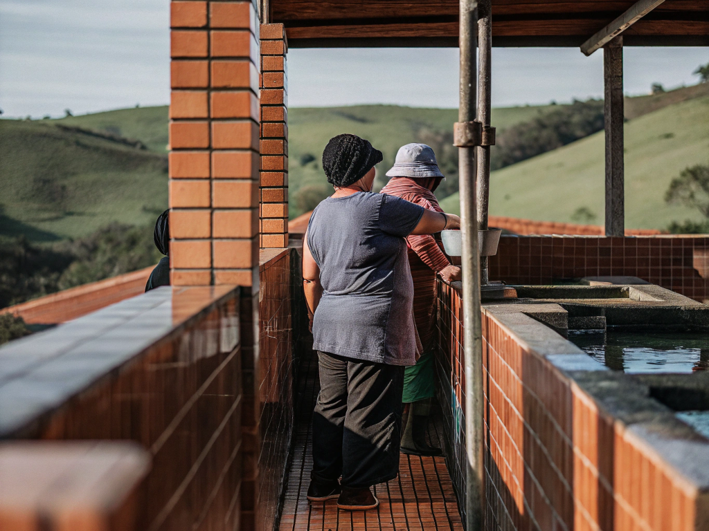 Farm workers by coffee washing channels in Campo das Vertentes, with hills in the background.