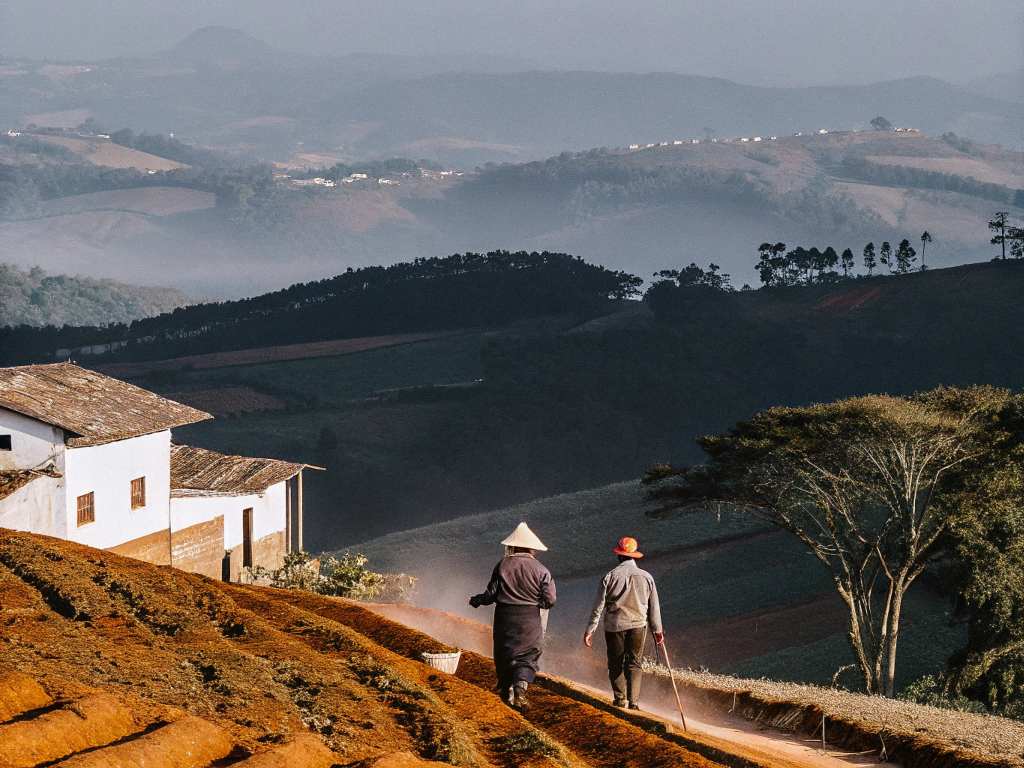 Farm workers walking on a path through coffee fields in Central Mineira.