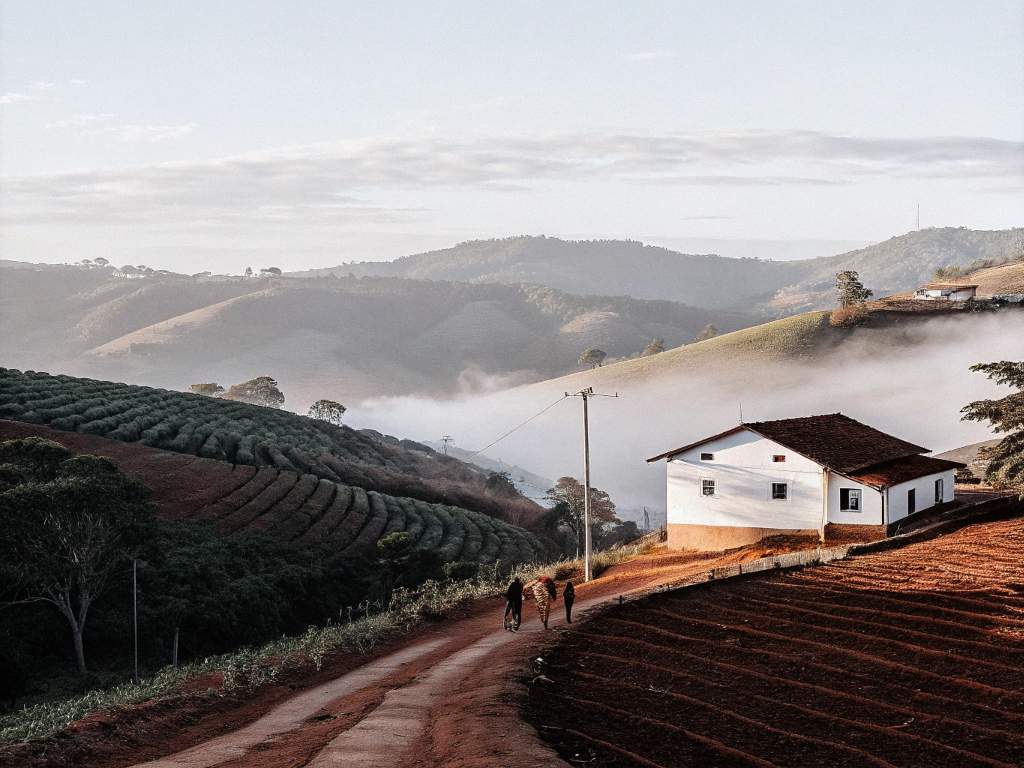 Farmhouse amidst rolling coffee hills and mist in Central Mineira.