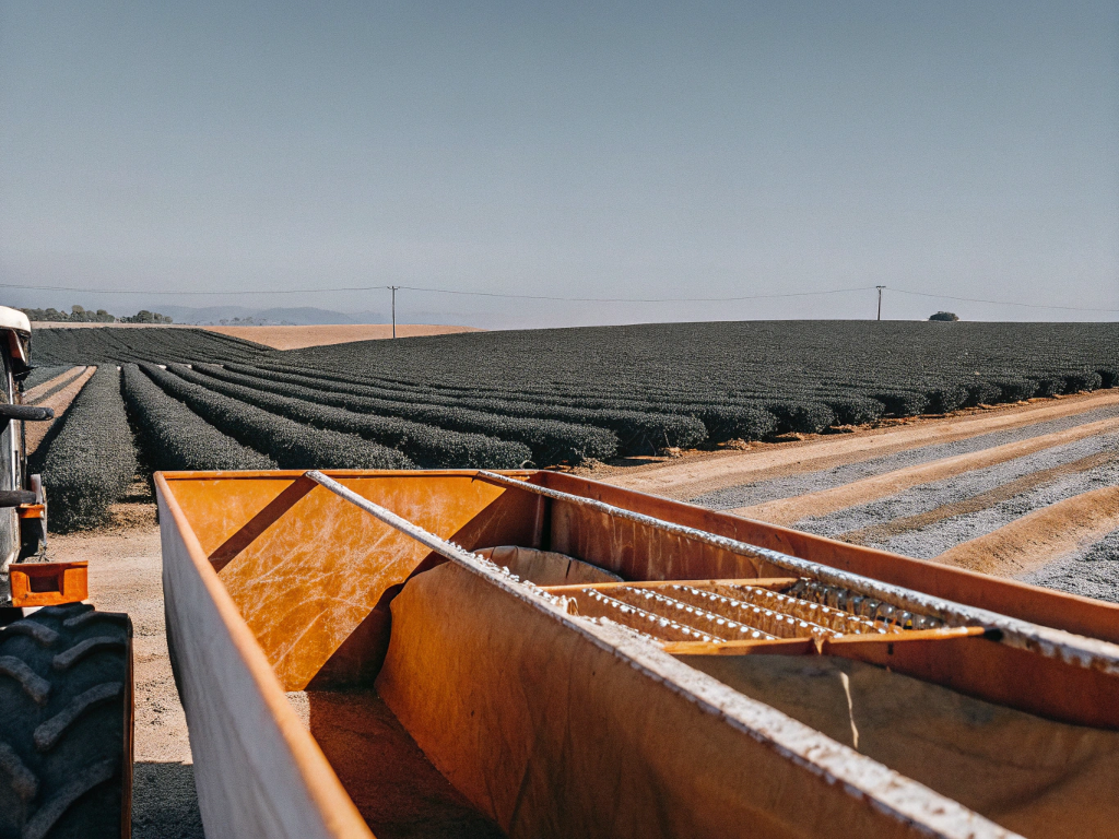 View over a large orange harvesting container towards endless rows of coffee in Cerrado Mineiro.