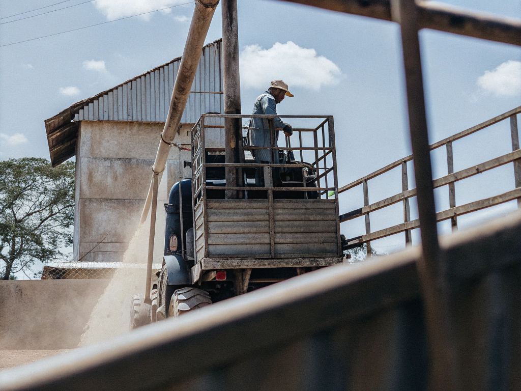Worker on a truck operating coffee processing machinery in Jequitinhonha.