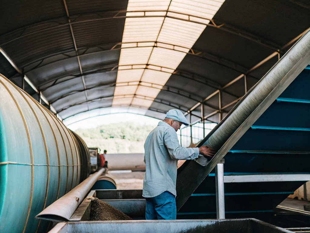 Worker inspecting coffee beans on a conveyor belt inside a processing facility in Jequitinhonha.