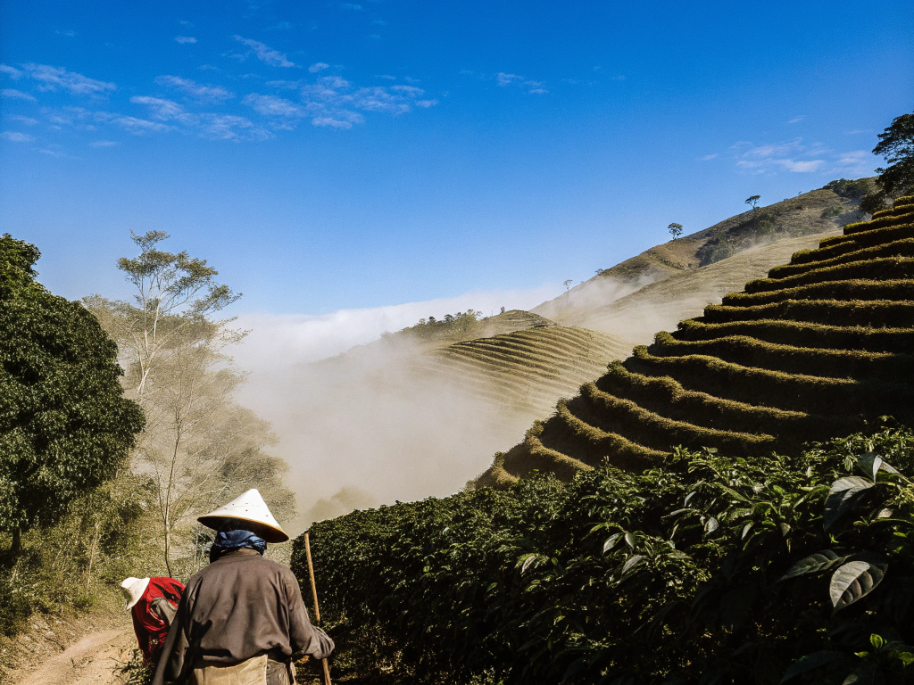 Coffee workers on a path through misty, terraced plantations in Matas de Minas.