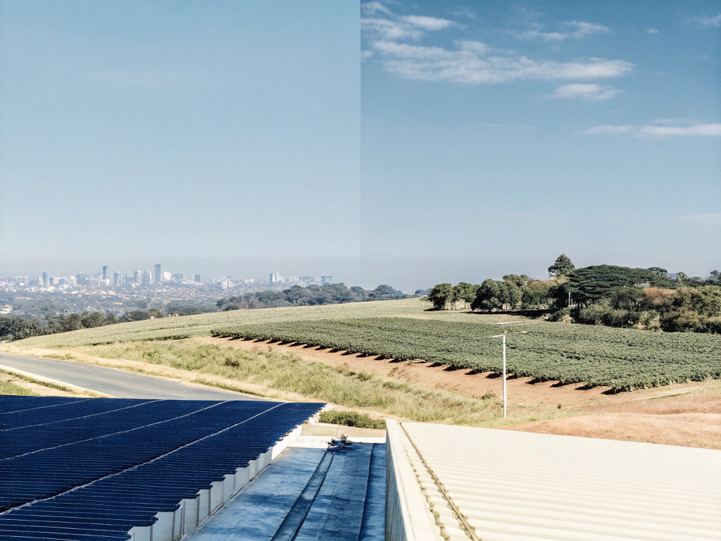 View of a coffee plantation and the city skyline from a farm with solar panels.