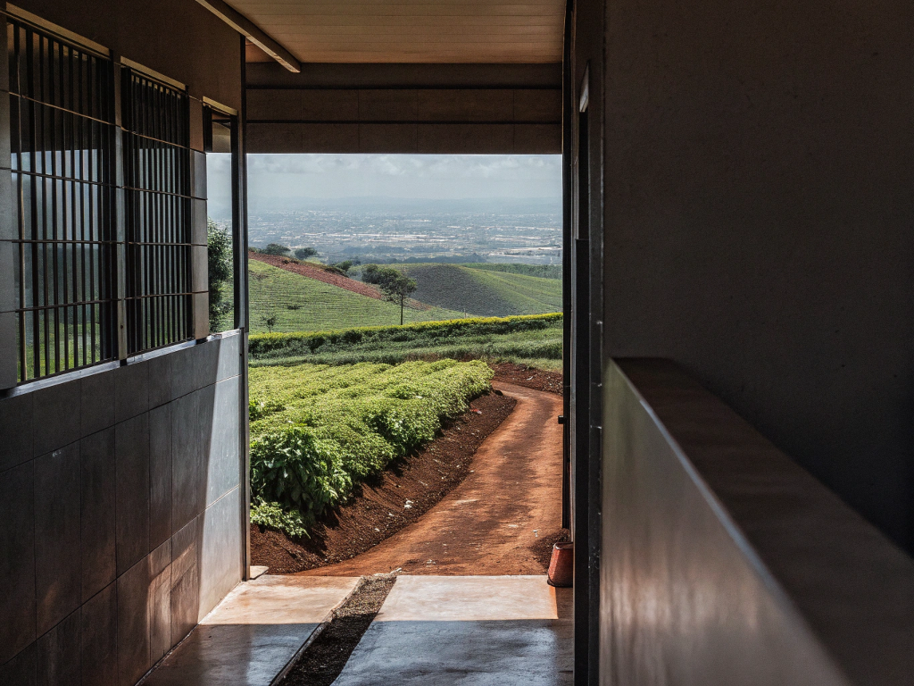 A view from inside a modern building looking out onto coffee fields near the city.