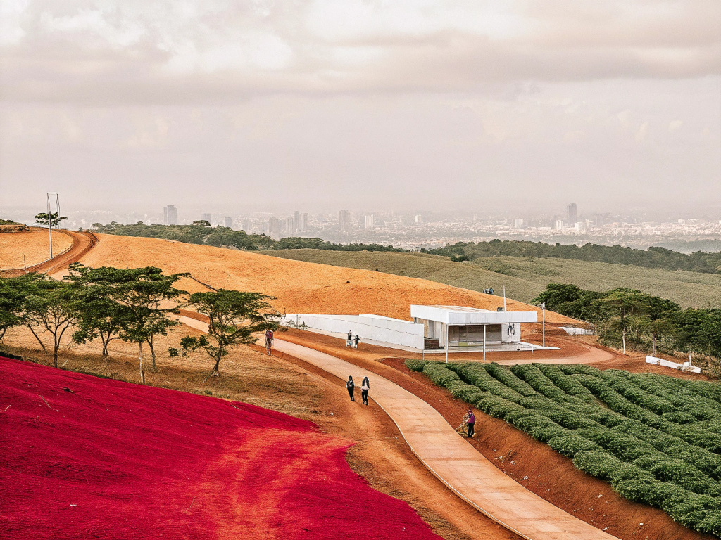 Modern coffee farm with drying cherries overlooking the Belo Horizonte skyline.