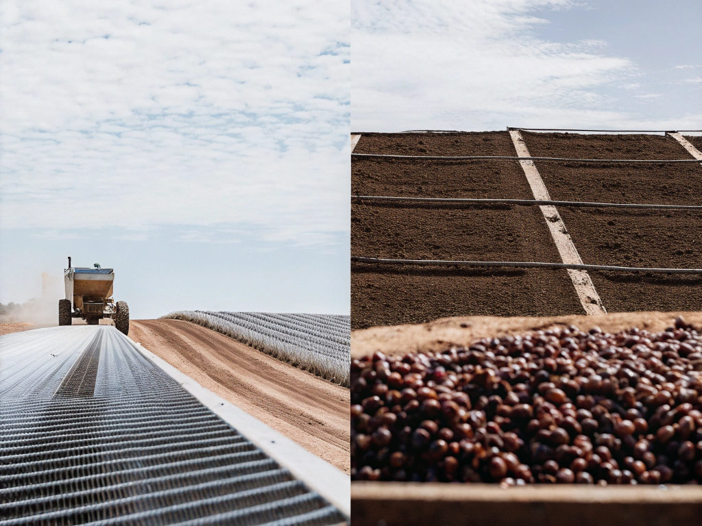 Diptych showing mechanized coffee harvesting and drying cherries in Noroeste de Minas.