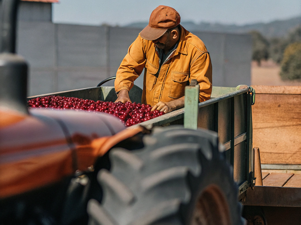 Worker with a trailer full of red coffee cherries in Noroeste de Minas.