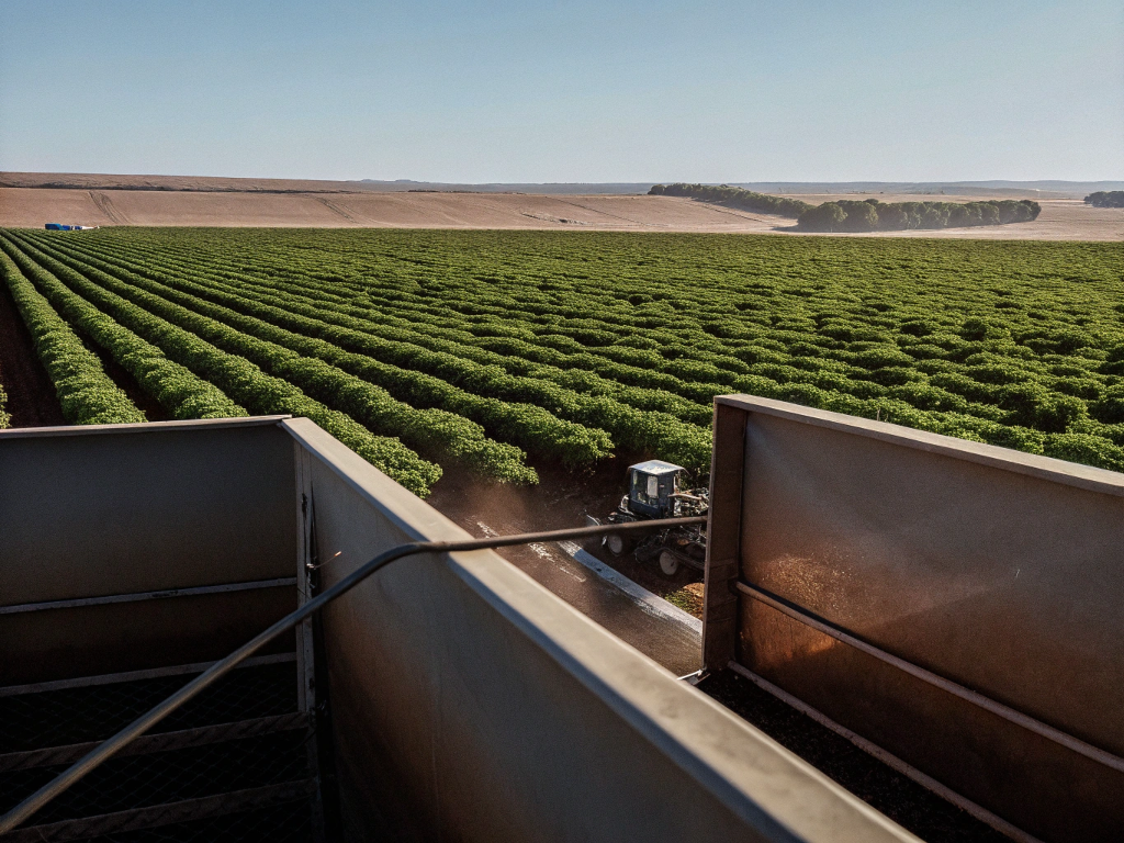 View from a harvesting machine over rows of coffee plants in Noroeste de Minas.
