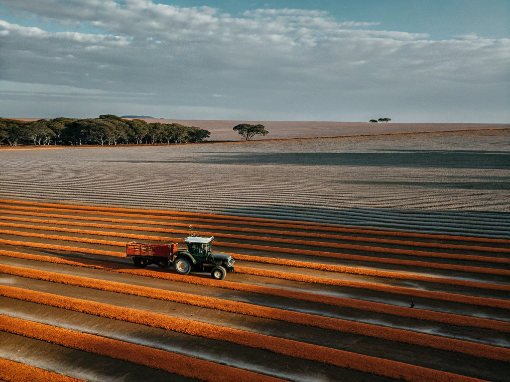 Aerial view of a tractor in vast, prepared coffee fields in Noroeste de Minas.