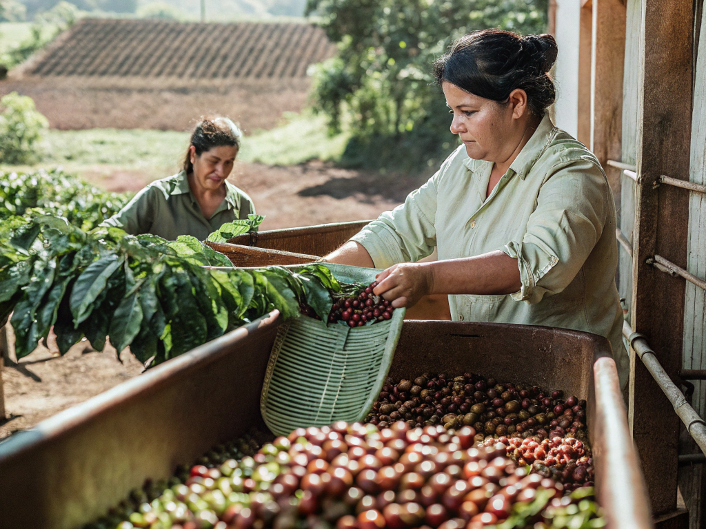 Women sorting freshly harvested coffee cherries in Norte de Minas.