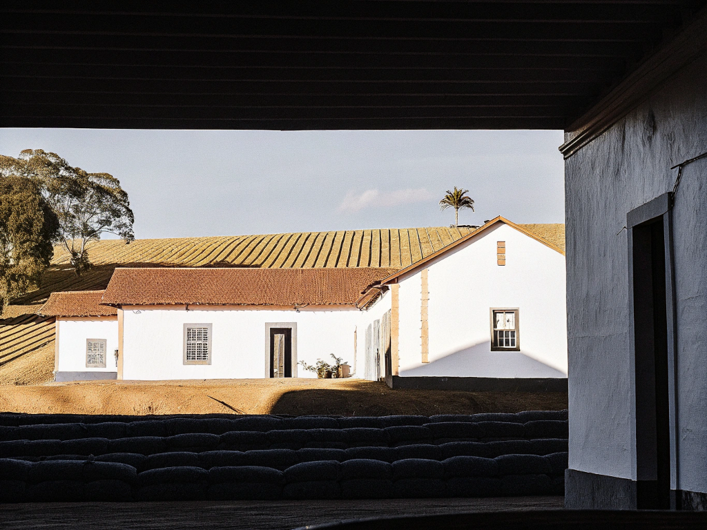 Coffee sacks in front of a farm building with coffee fields behind in Oeste de Minas.