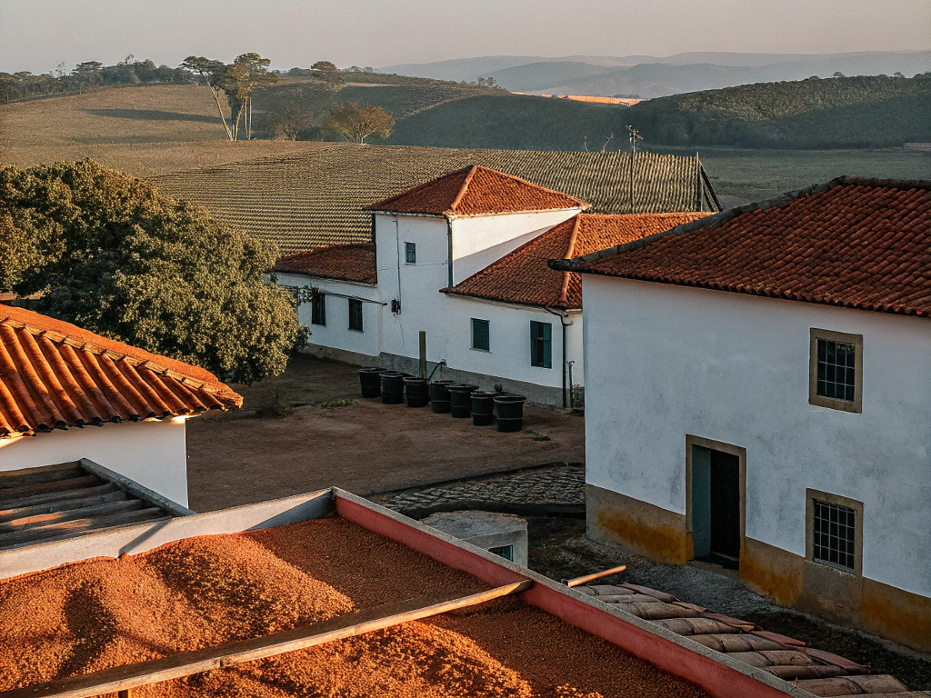 Coffee drying on patios with farm buildings and fields in Oeste de Minas.