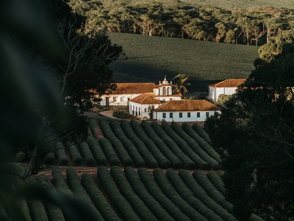Traditional coffee fazenda nestled among coffee fields in Oeste de Minas.
