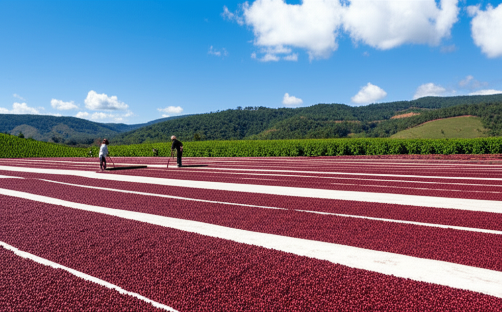 Coffee cherries drying on patios in Sul de Minas