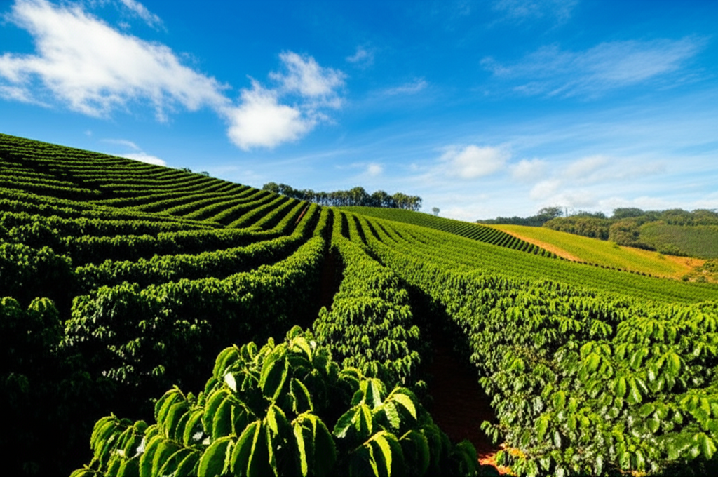 Lush coffee plantation in Sul de Minas with rolling hills.