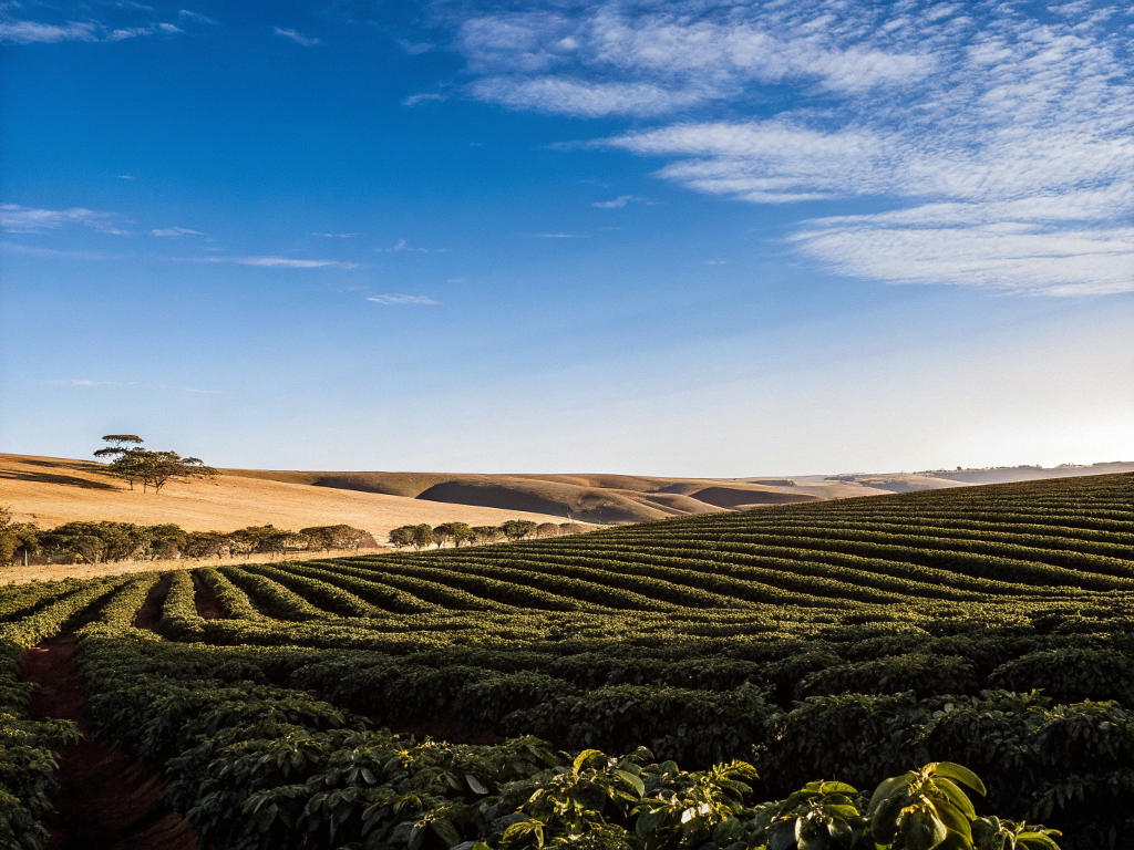 Lush green coffee crops on a slope with dry hills in the background in Triângulo Mineiro/Alto Paranaíba.