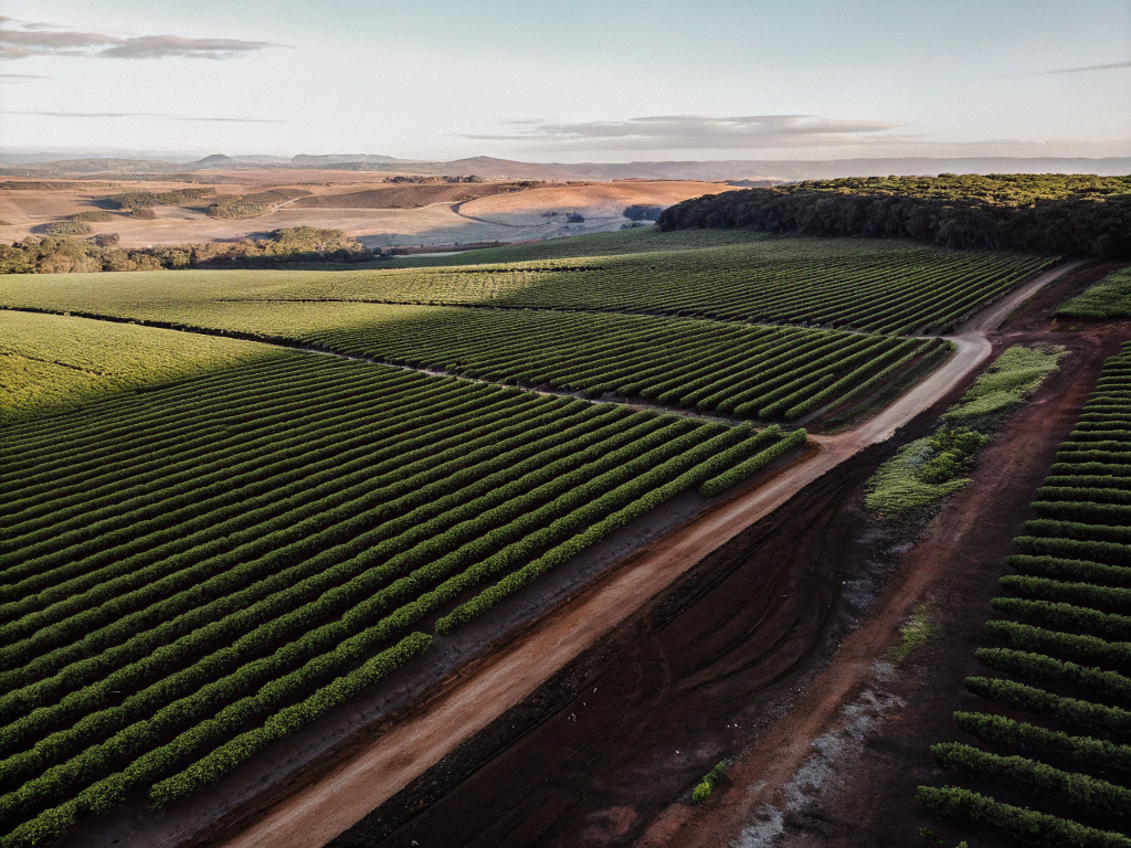 Aerial view of vast coffee plantations in Triângulo Mineiro/Alto Paranaíba at sunset.