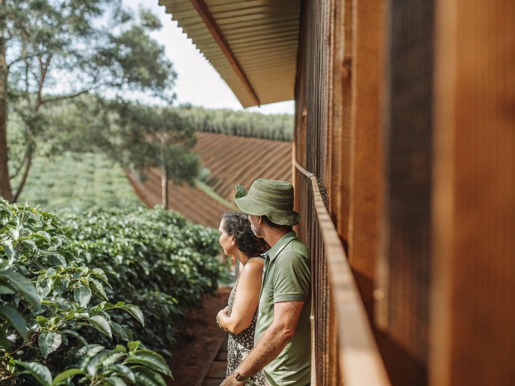 Couple overlooking coffee fields in Vale do Mucuri.