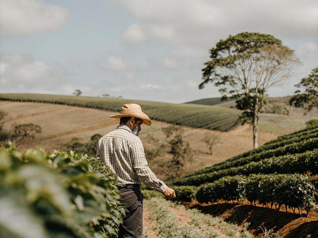Farmer inspecting coffee plants on a hillside in Vale do Mucuri.