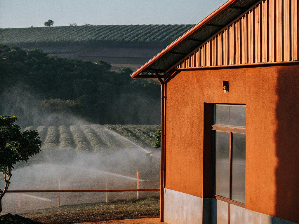Irrigation sprinklers at work on a coffee farm in Vale do Rio Doce.