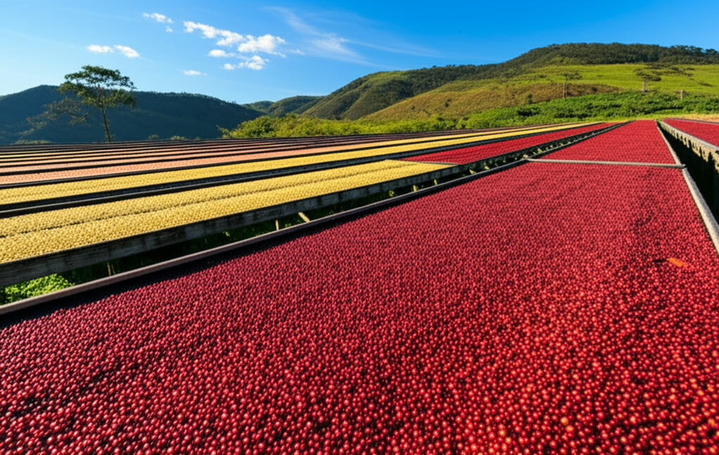 Coffee drying on raised beds in Mantiqueira de Minas